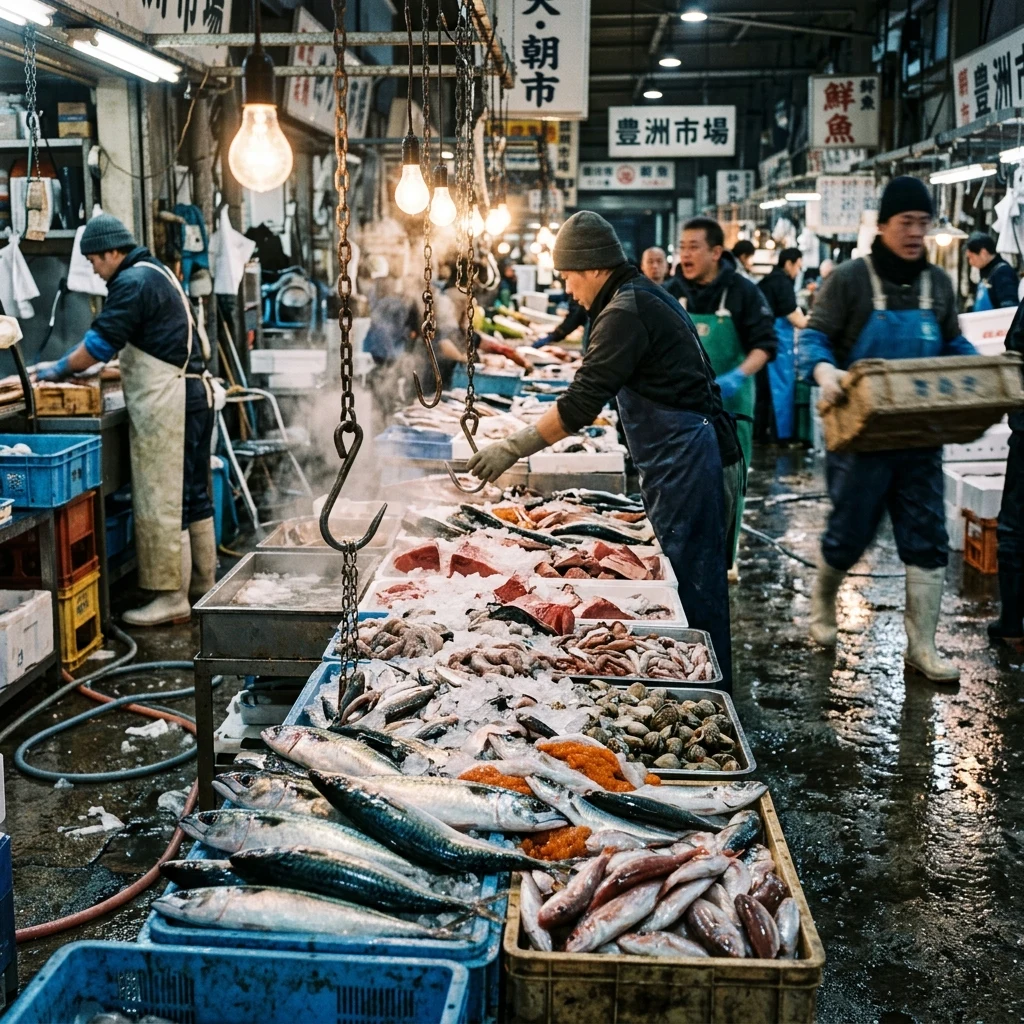 A pre-dawn fish market on wet concrete