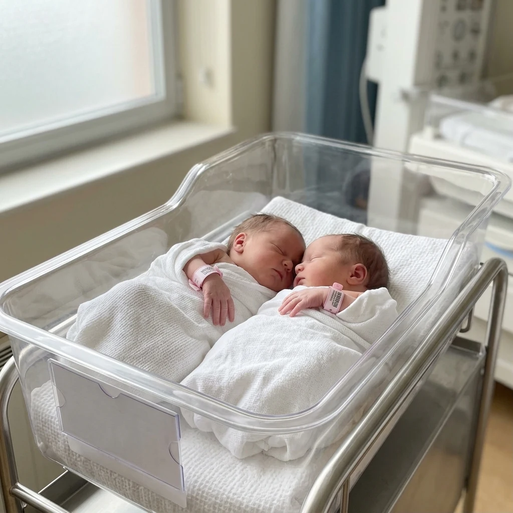 Two newborns resting in a hospital bassinet