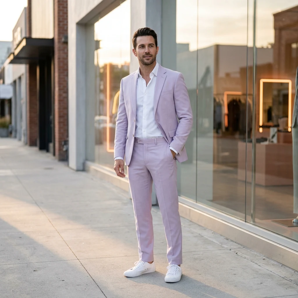 A man in a pastel suit with no tie and white sneakers in the Design District at golden…