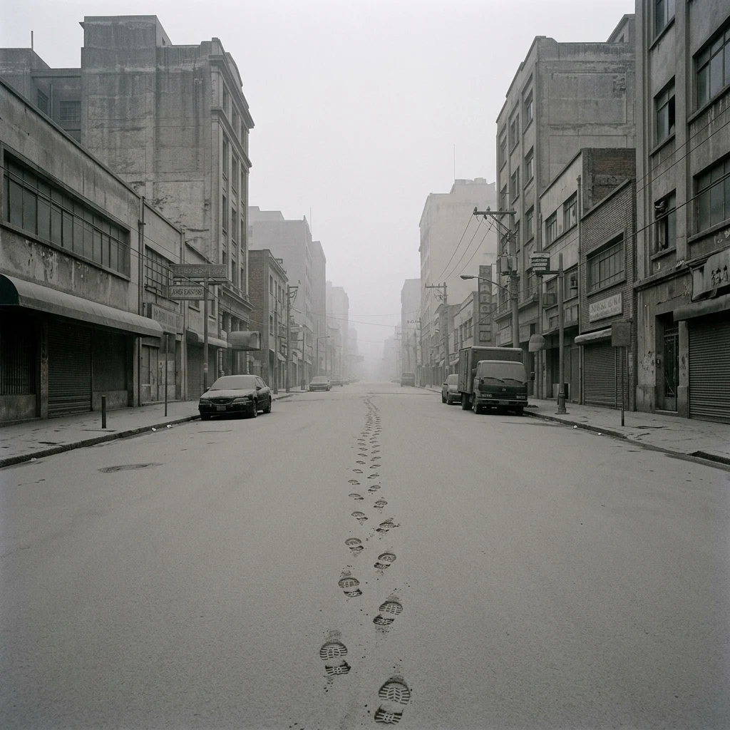 Ashfall over a city in flat gray daylight