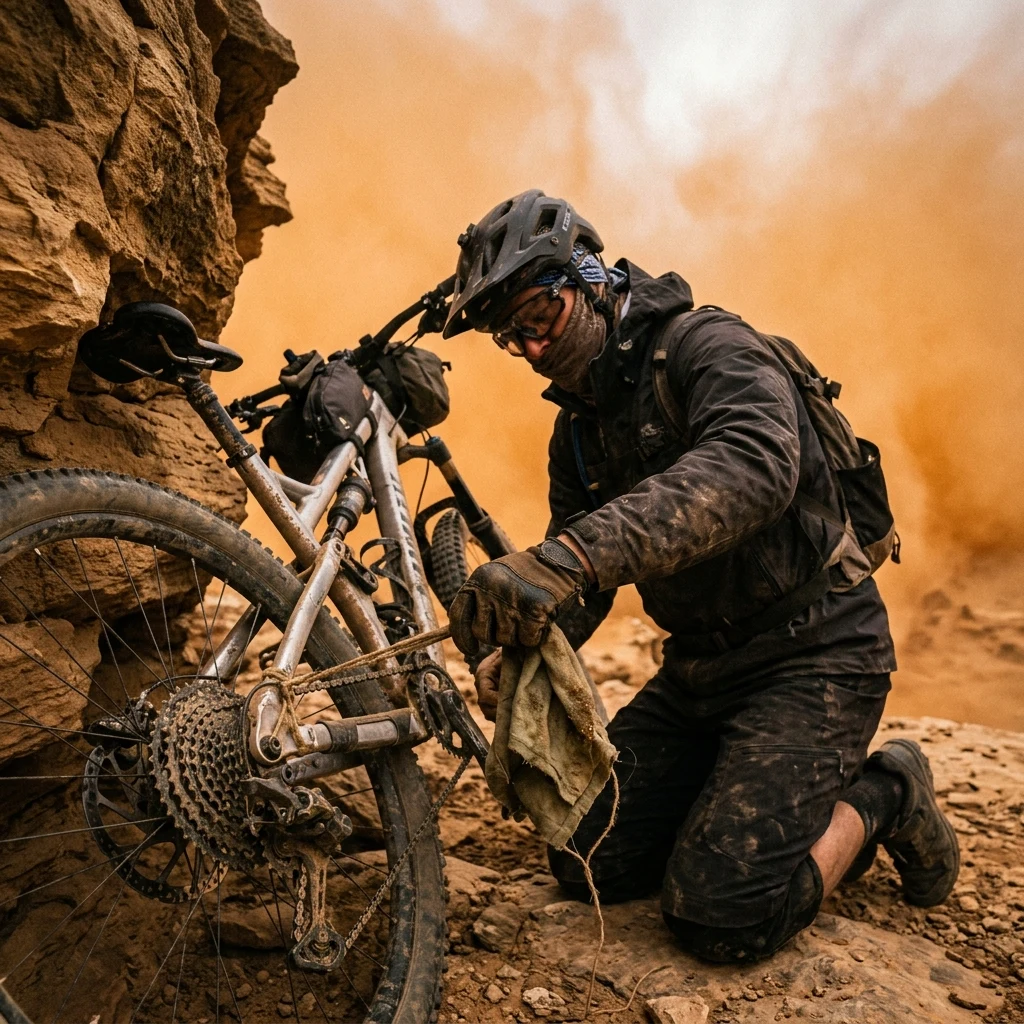 A mountain bike scout crouching behind a sandstone ledge during a violent dust storm
