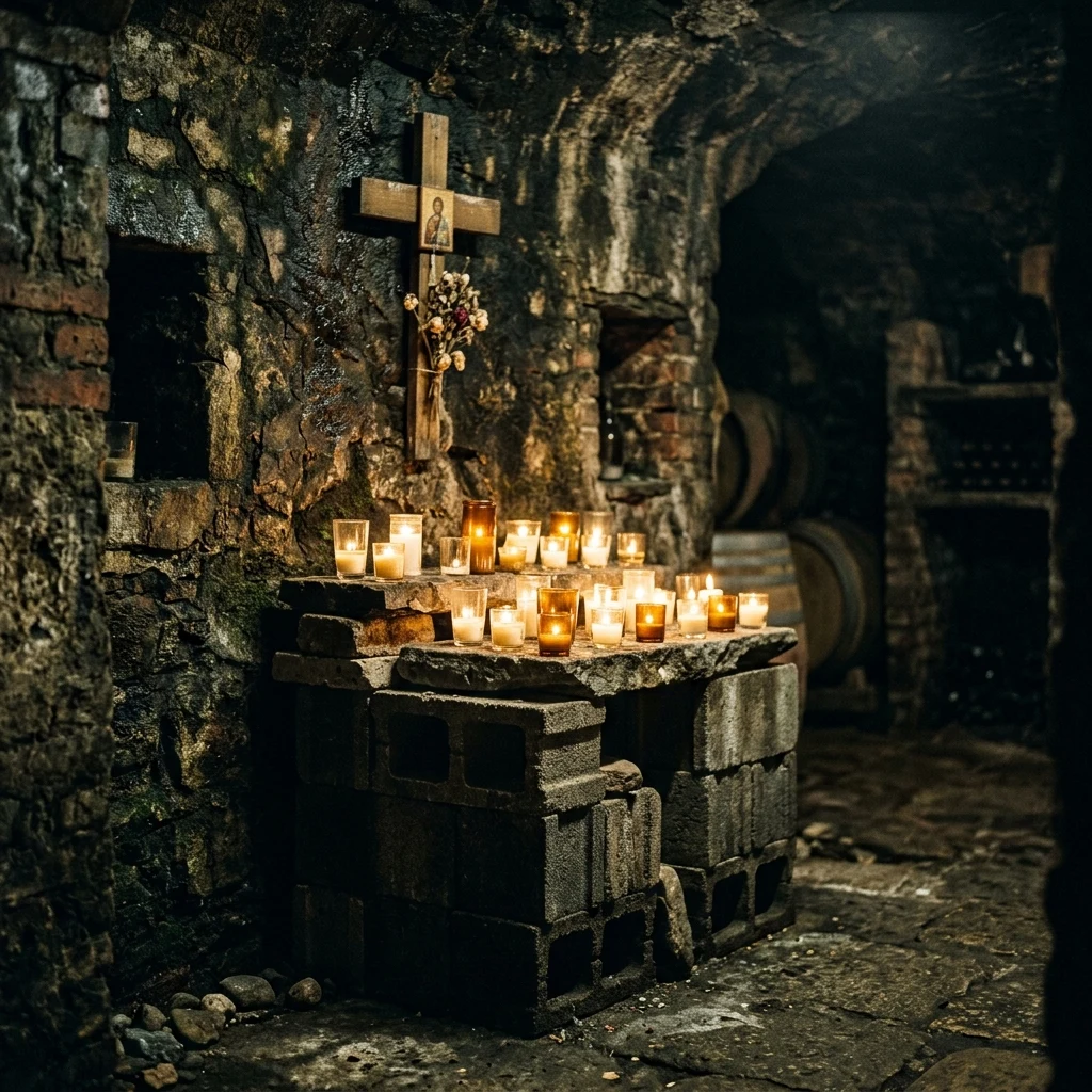 A quiet underground chapel established inside a stone wine cellar
