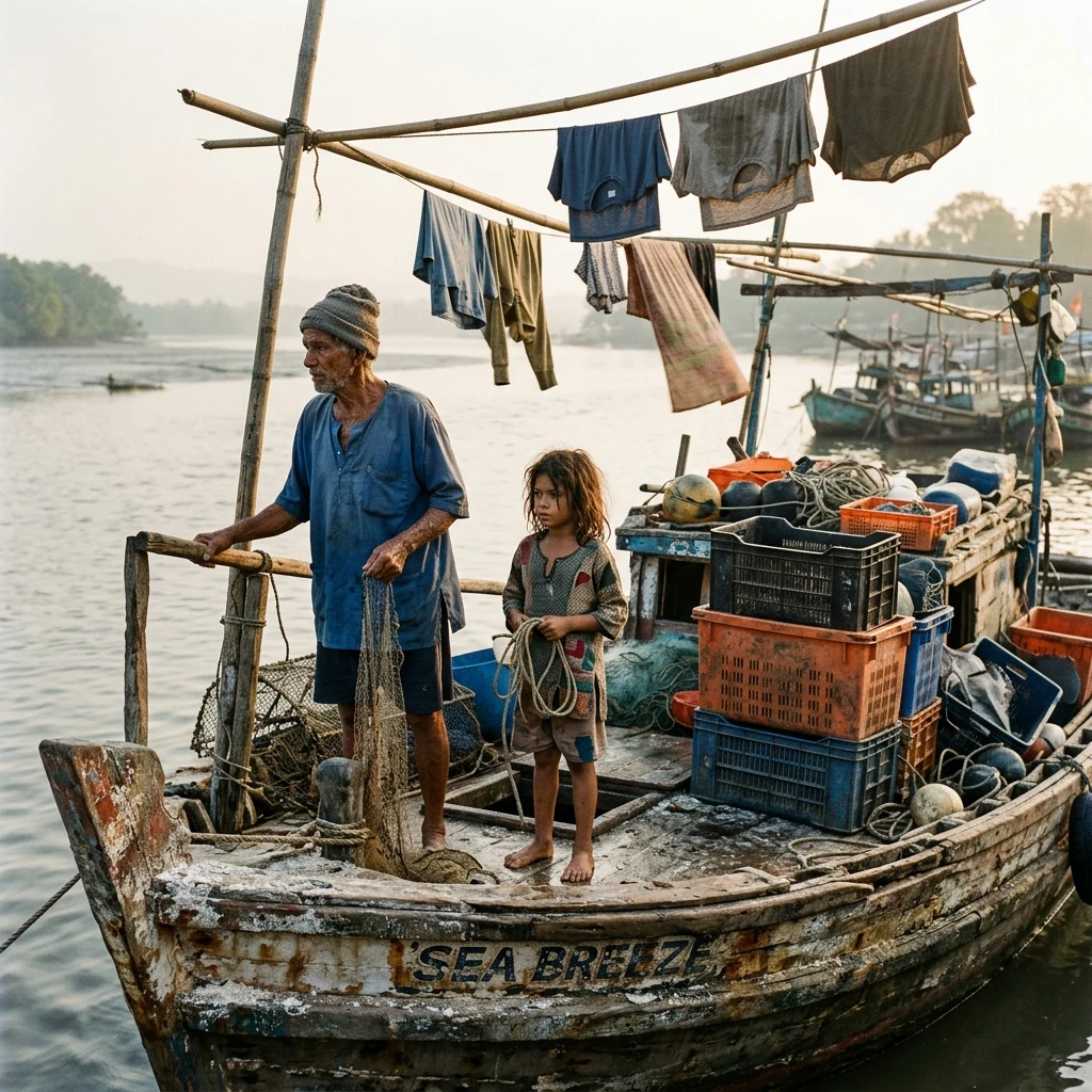 A waterborne scavenger family living aboard a modified wooden fishing trawler