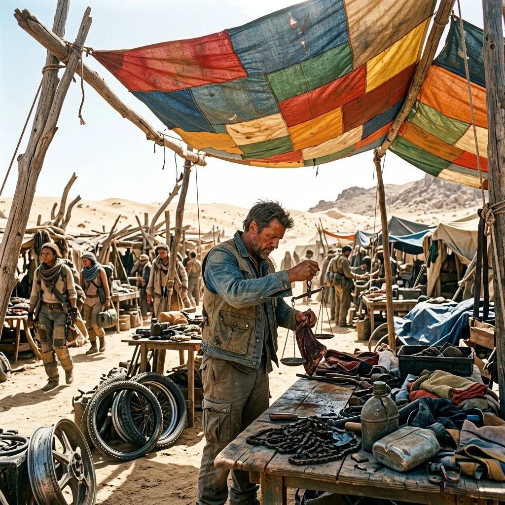 Desert trading outpost under a canvas awning