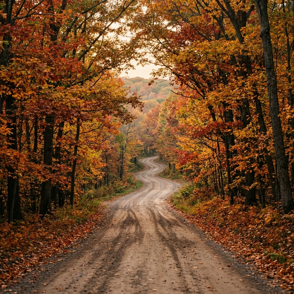 Autumn leaves arching over a dirt road