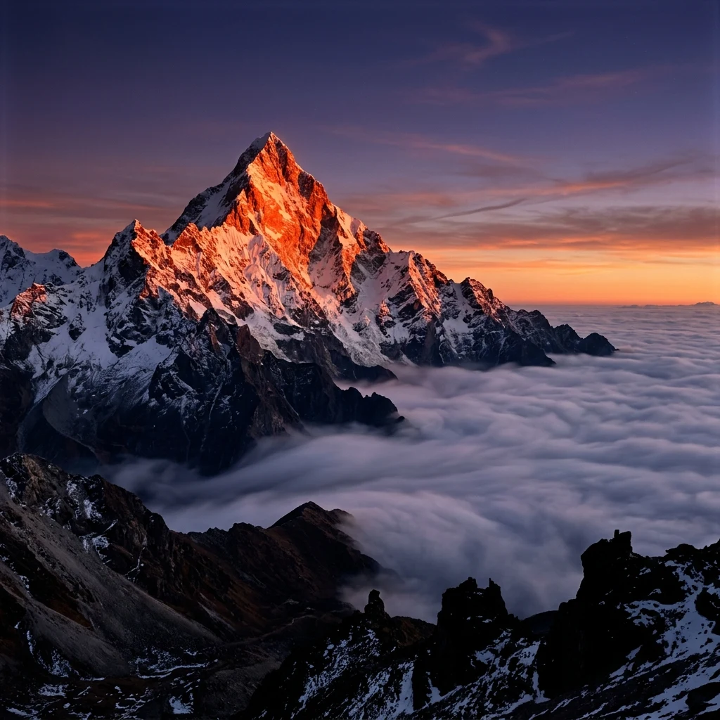 A long-exposure 4x5 photograph of Khan Tengri at sunset