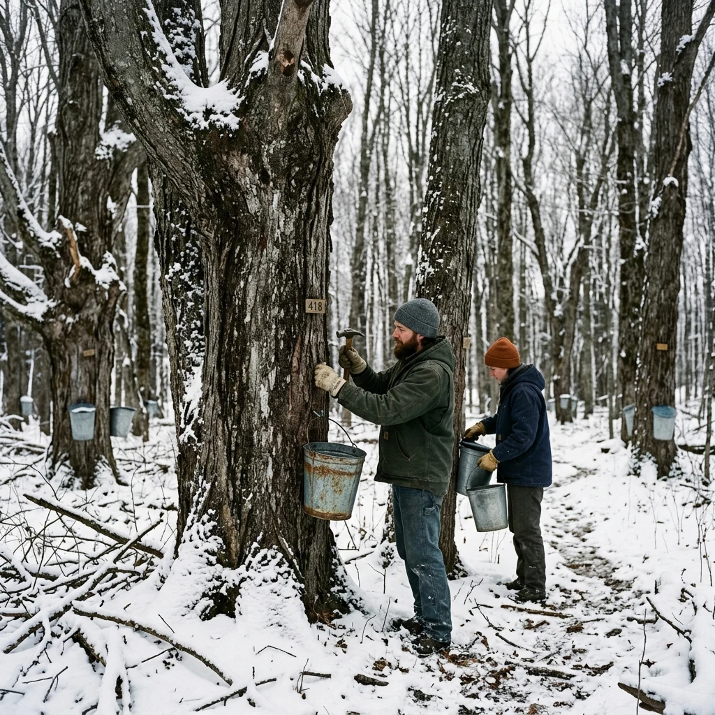 Collecting maple sap in a snowy forest