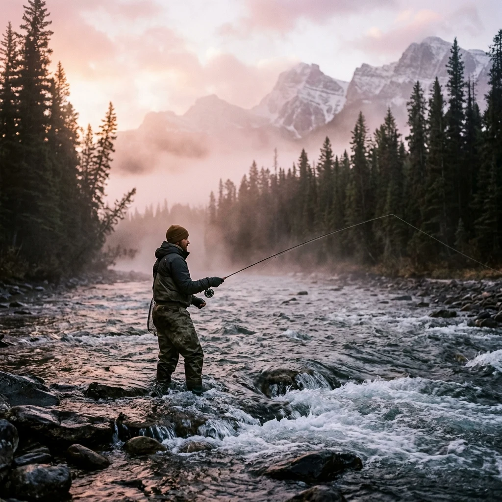 A fly fisherman standing in a rushing snowmelt river in the Canadian Rockies at dawn