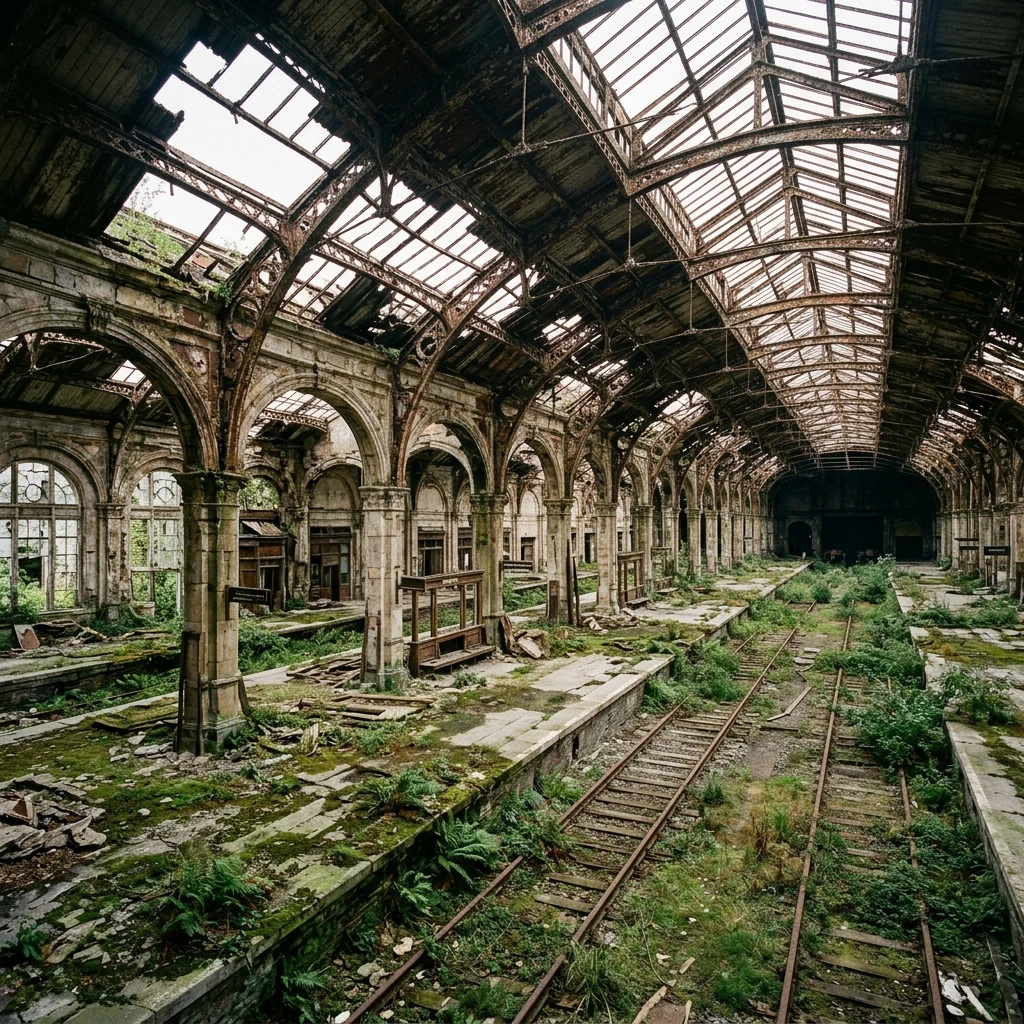 Nature reclaiming an abandoned railway station