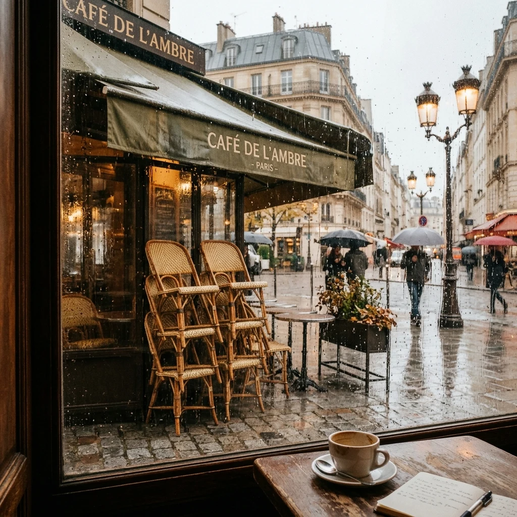 A Parisian café terrace in autumn rain