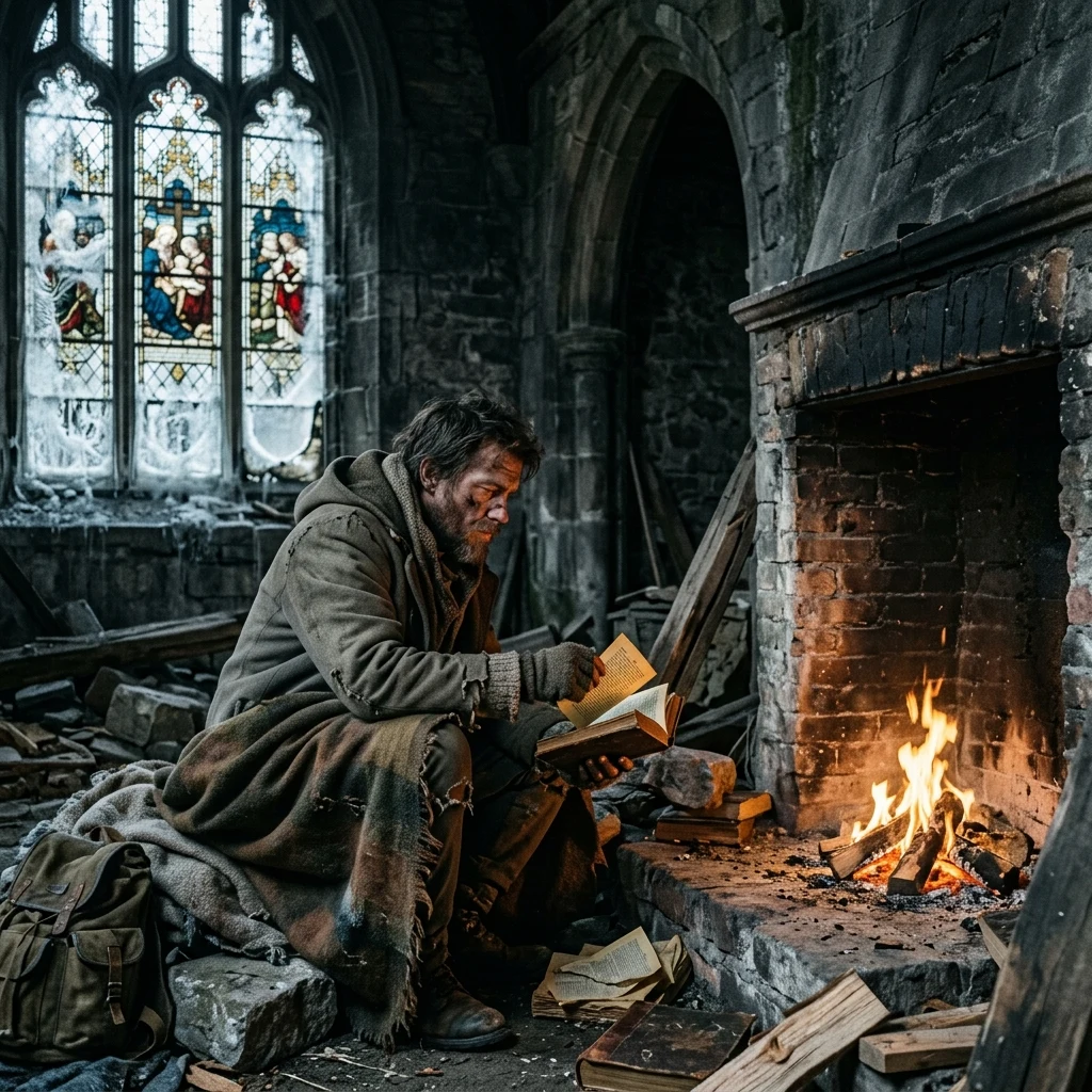 A winter survivor crouching in an abandoned brick chapel