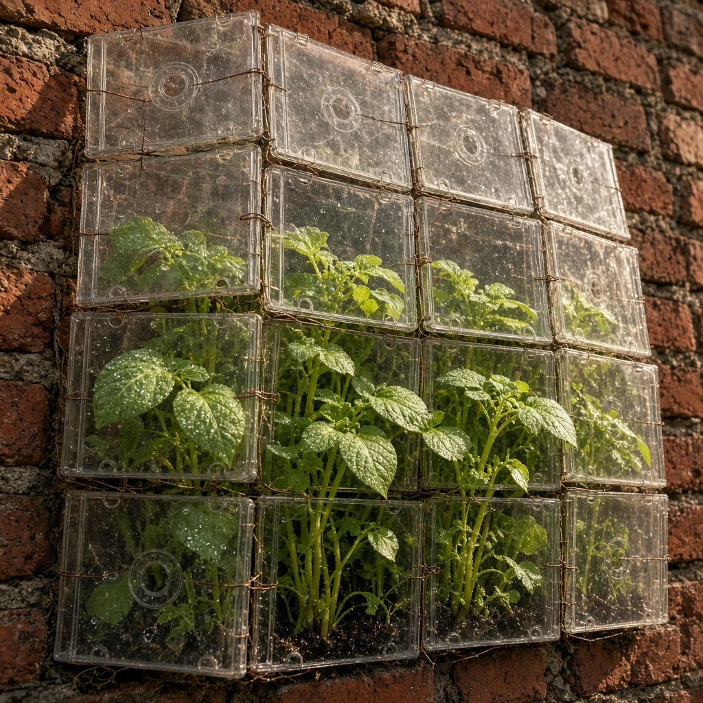 A makeshift greenhouse built against a brick wall using dozens of clear plastic CD jewel…