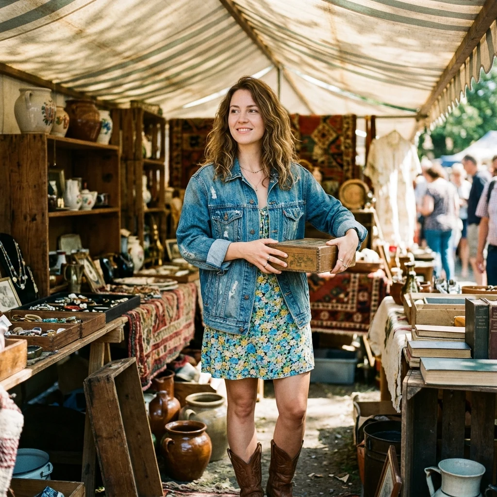 A woman in a sun-faded denim jacket over a sundress with cowboy boots