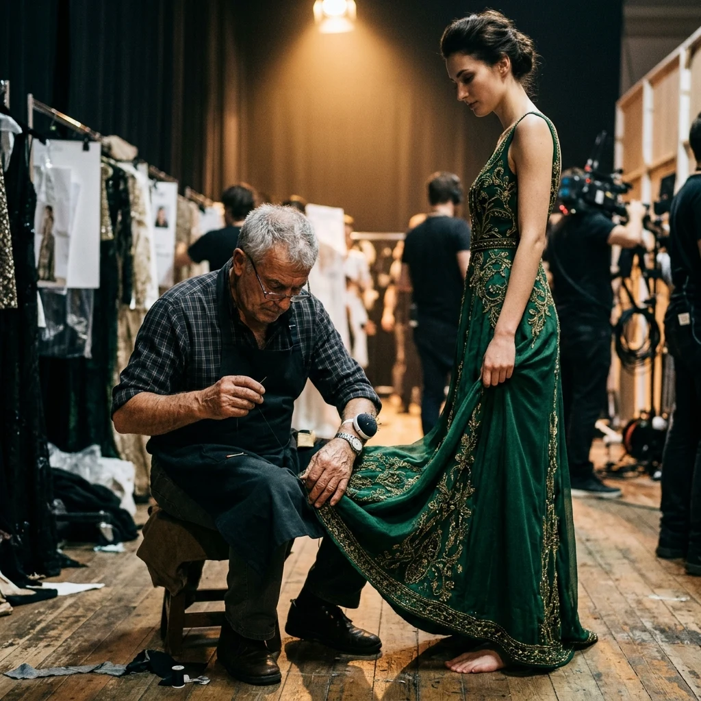 A candid 35mm shot of a famous designer making last-minute needle-and-thread adjustments…
