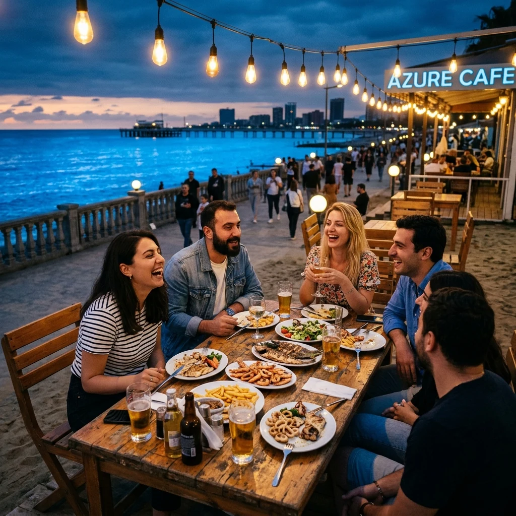 A lively beachside café along the Odesa boardwalk at dusk