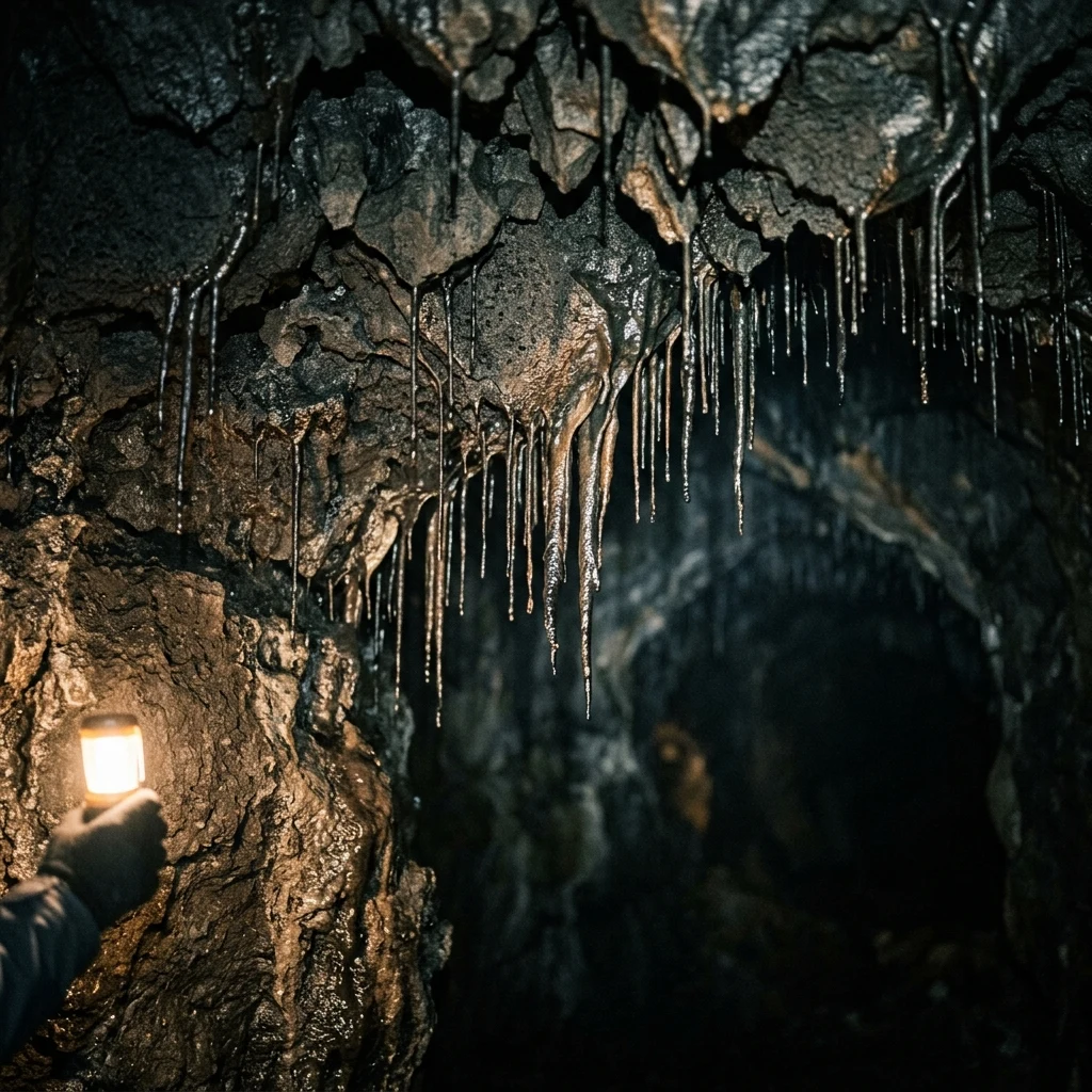 A lava tube interior on the Big Island showing rare 'lavacicle' formations dripping from…