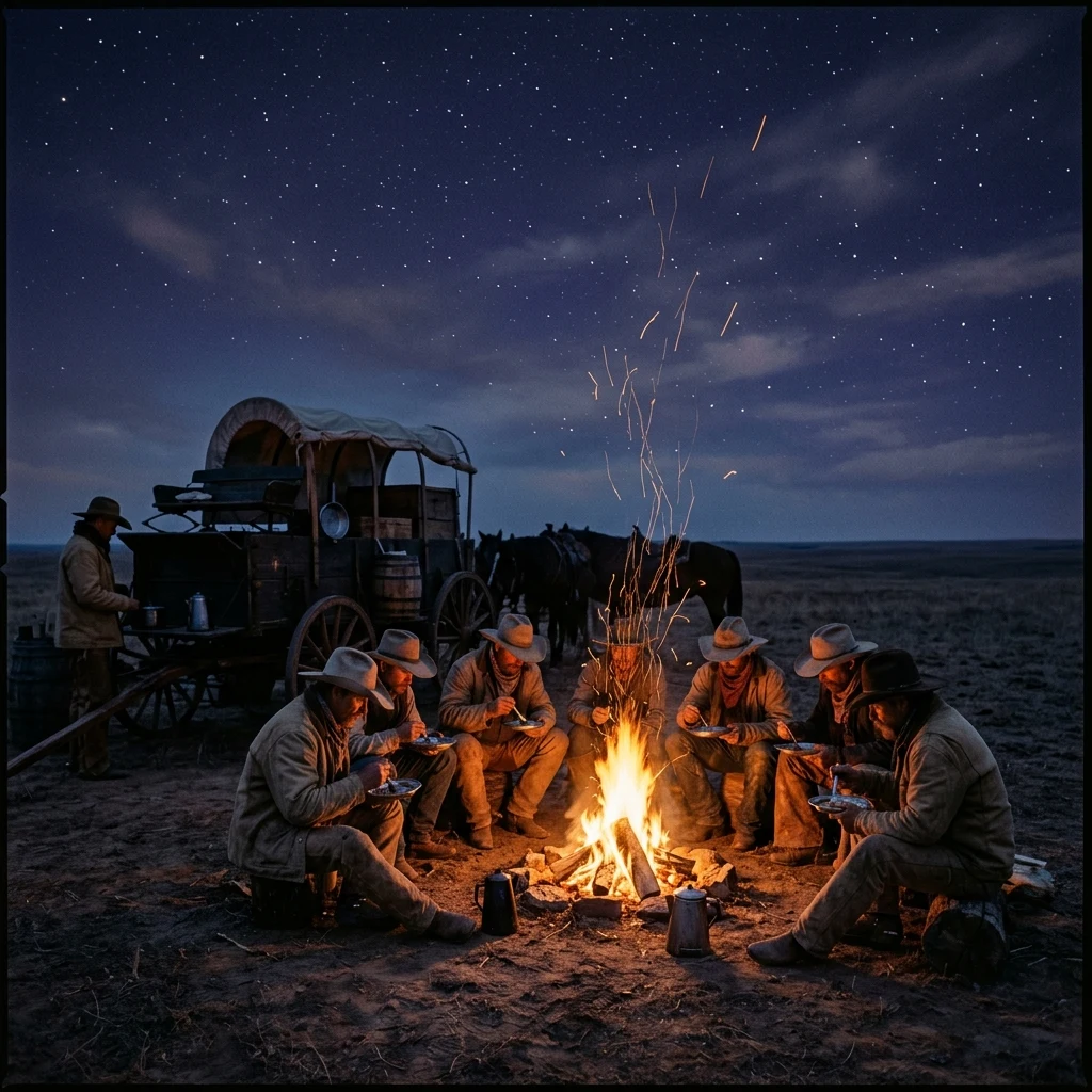 A cattle drive chuck wagon setup at dusk on the Chisholm Trail