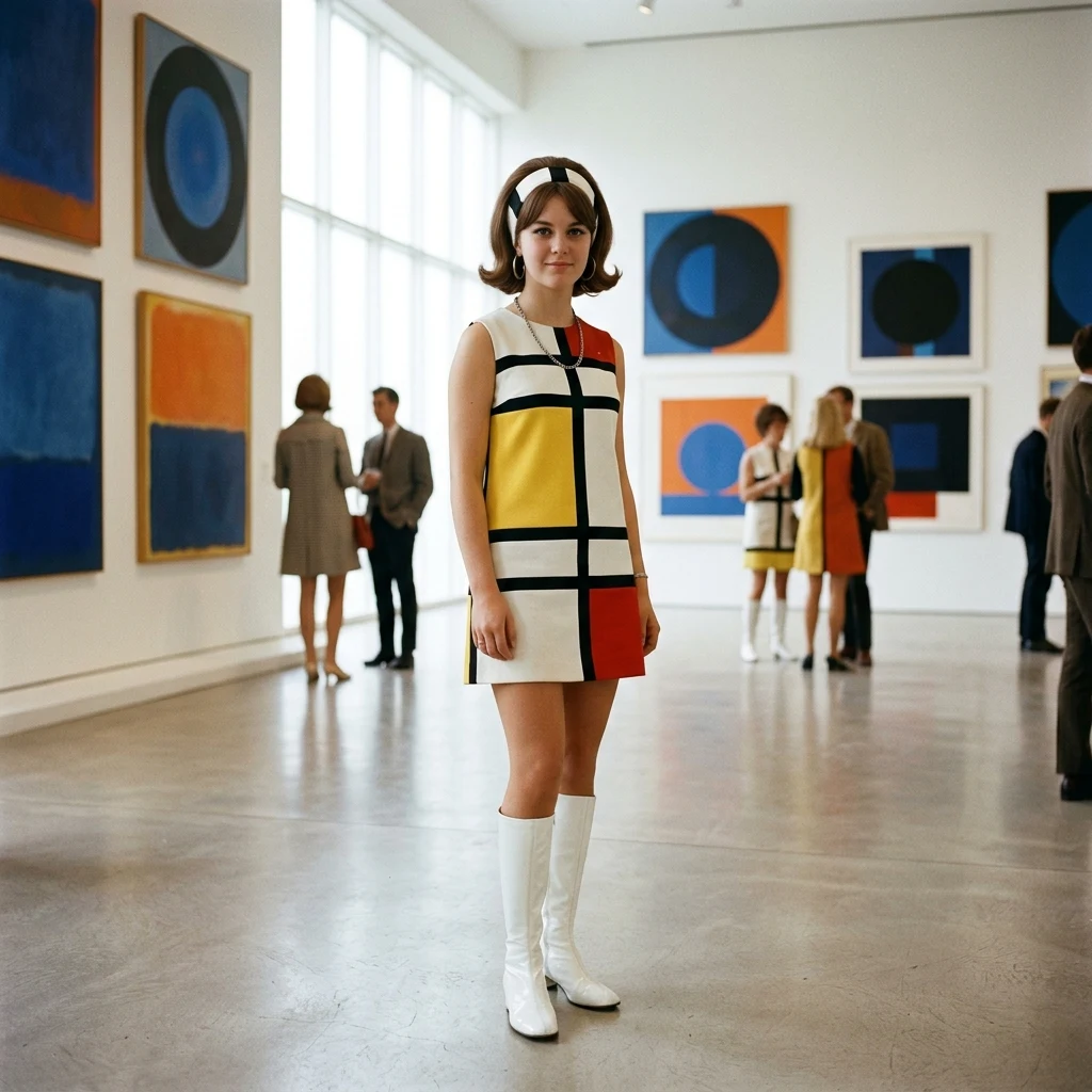 Colorful sixties fashion in a modern art gallery