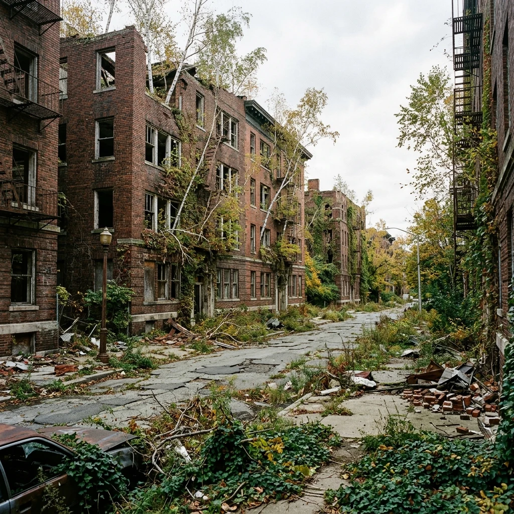 A ruined residential city block where decaying brick facades have caved in