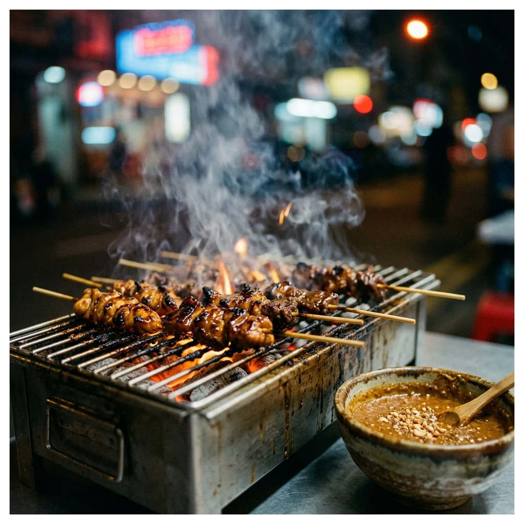 Streetfood: Satay Skewers in Singapore — marinated chicken and beef skewers grilling over…