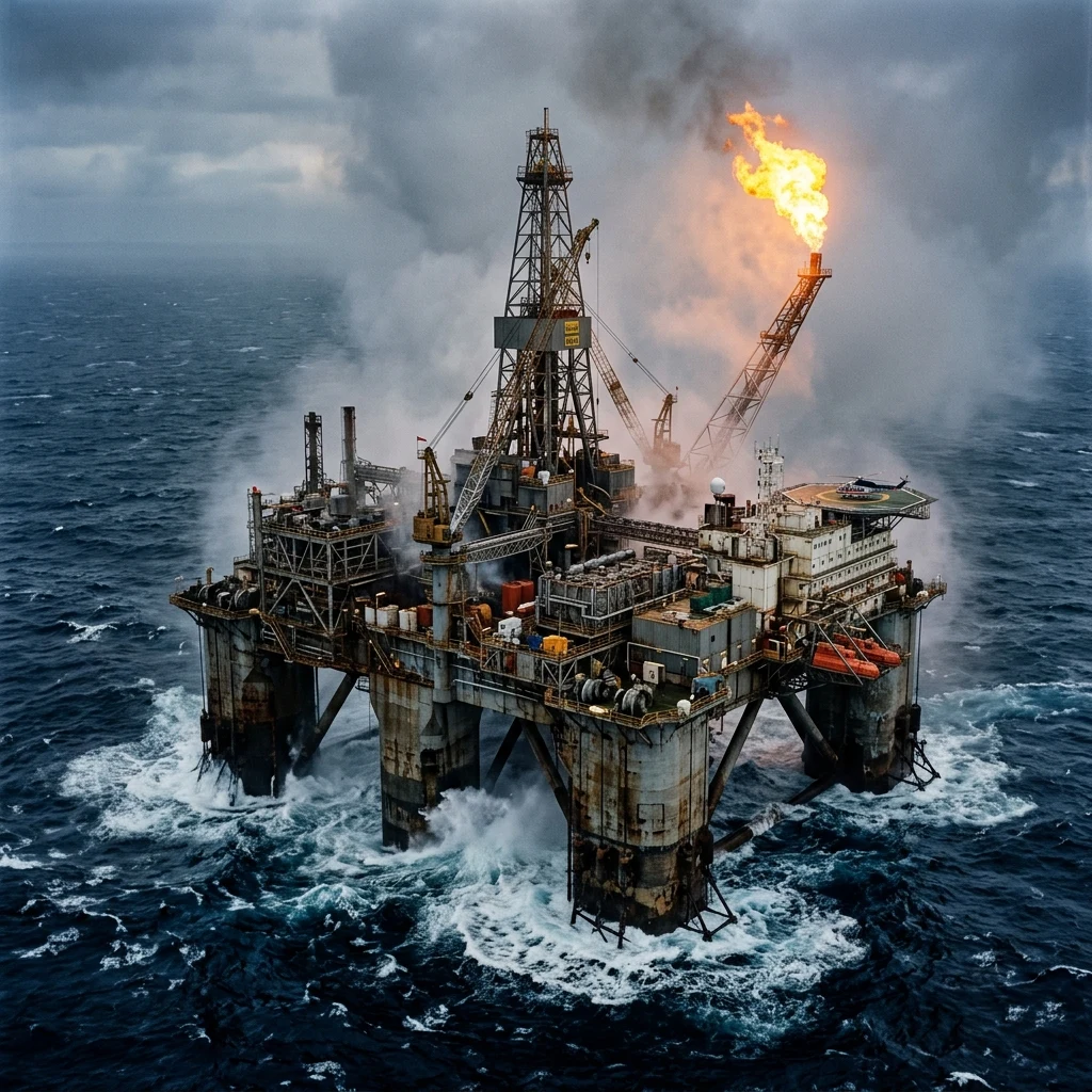 An aerial view of an offshore oil rig complex isolated in open ocean