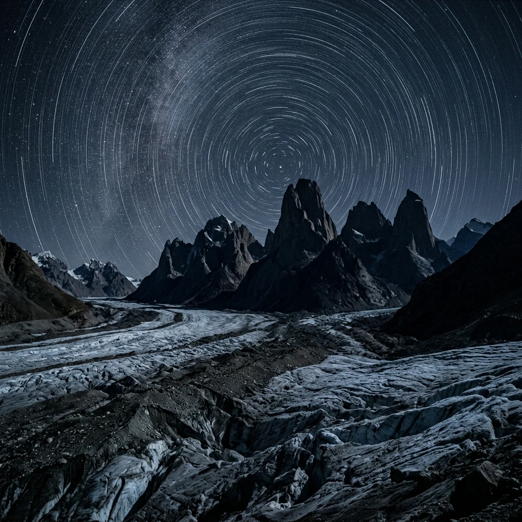 A long-exposure shot of Baltoro Glacier in the Karakoram at night
