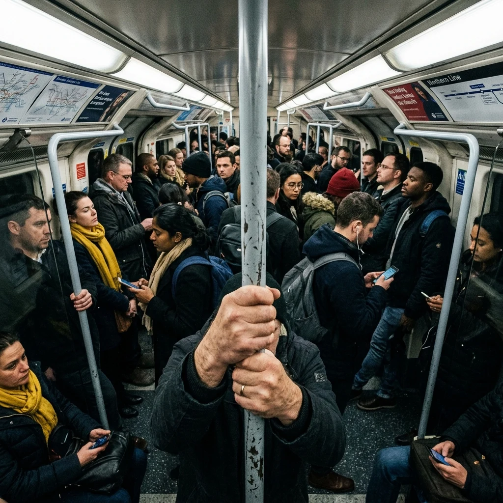 Commuters on a busy subway train