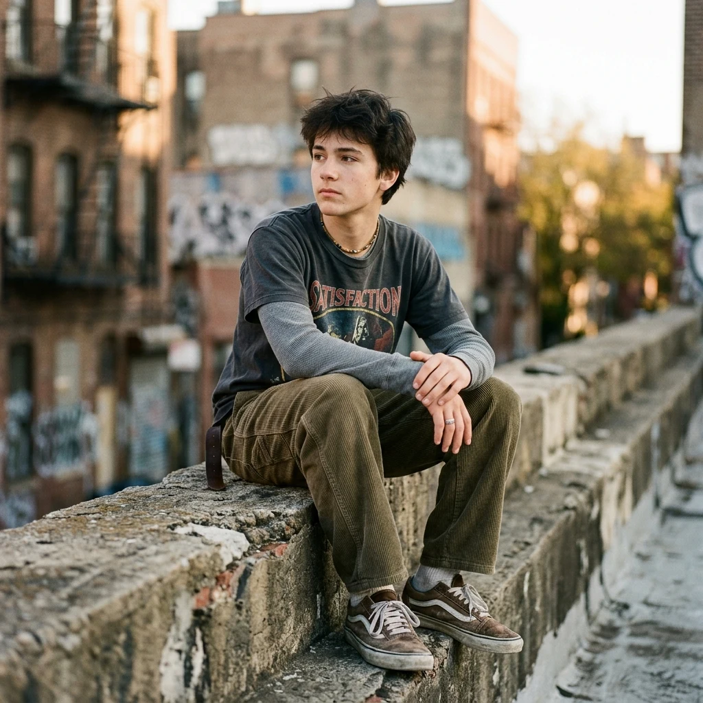 A teenage boy in a thermal long-sleeve layered under a vintage skate-brand tee