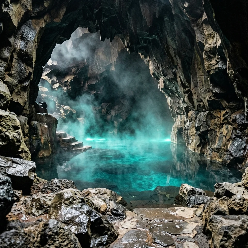 An underground geothermal hot spring steaming inside a dark volcanic cavern