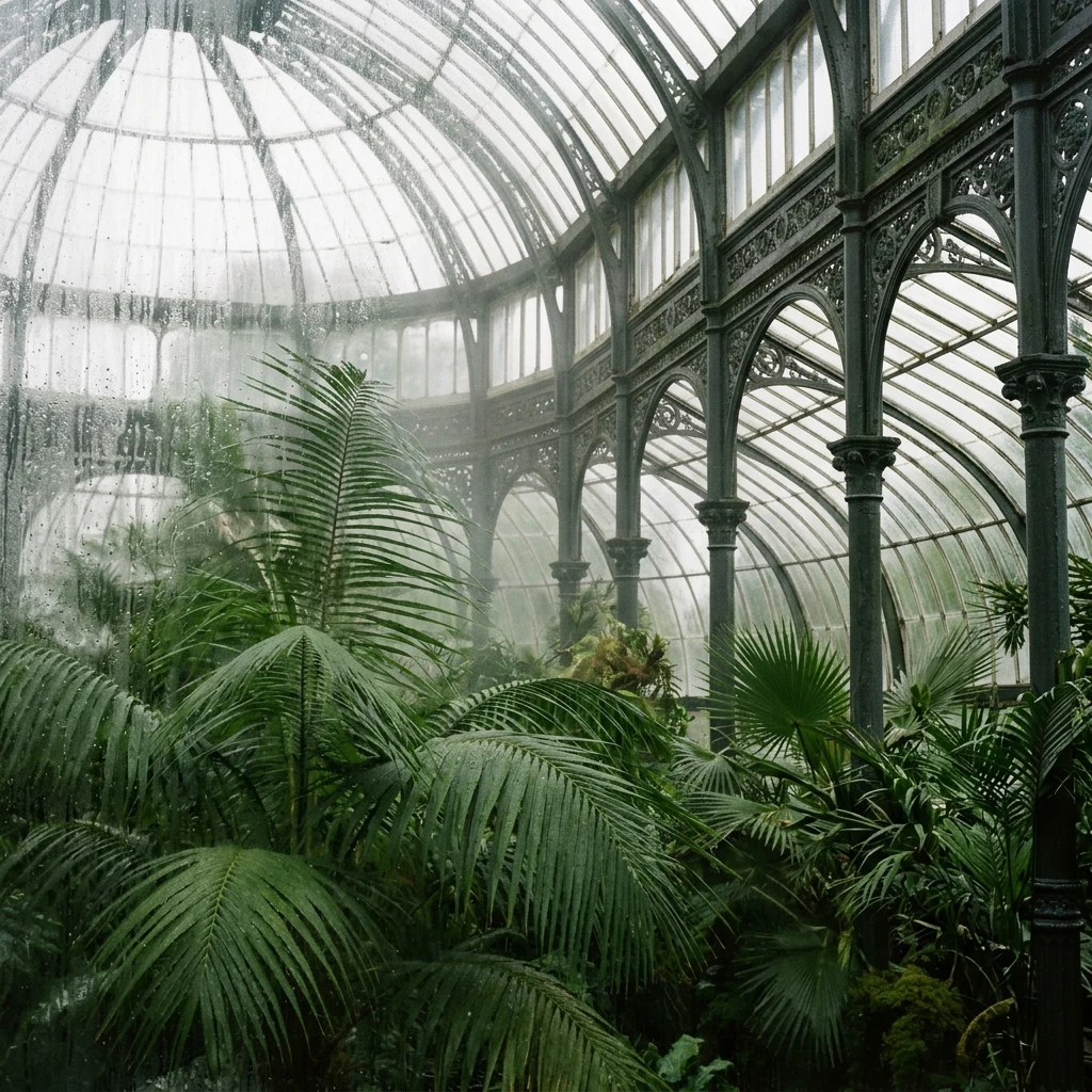 A humid Victorian palm house photographed on 120 medium format