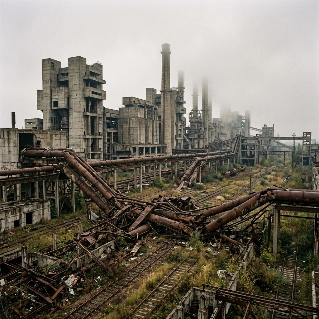 A sprawling brutalist mega-factory complex