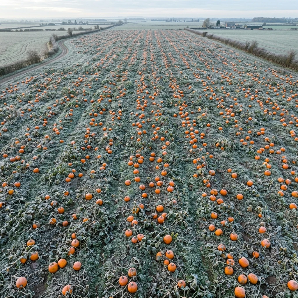 A pumpkin field after first frost photographed straight down from a drone
