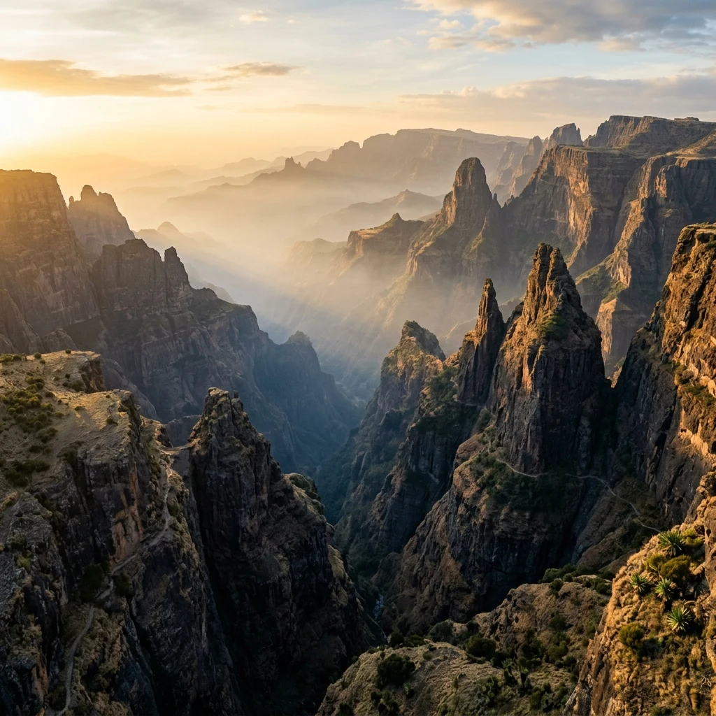 An aerial photograph of the dramatic jagged basalt plateaus and sharp spires of the…