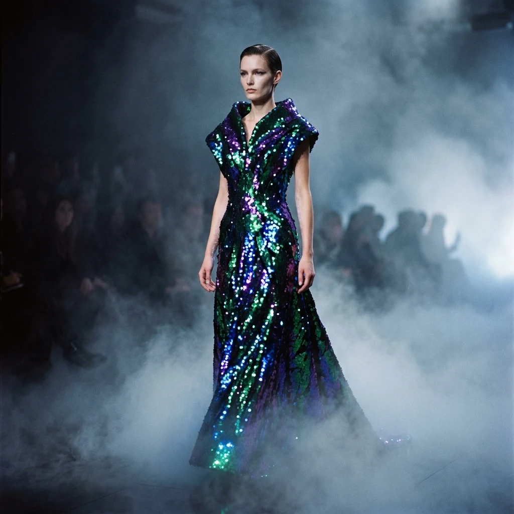 An avant-garde dress made of iridescent beetle-wing-inspired sequins