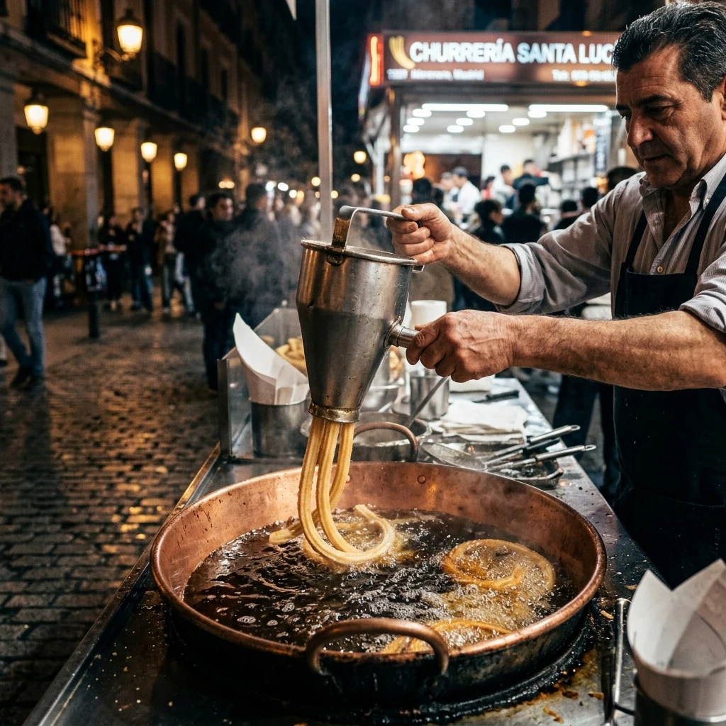 An open-air churros stand in Madrid