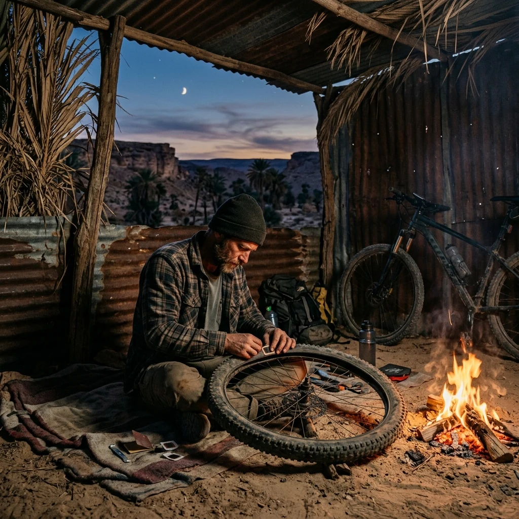 A subsistence survivor patching a worn mountain bike tire with melted rubber and wire…