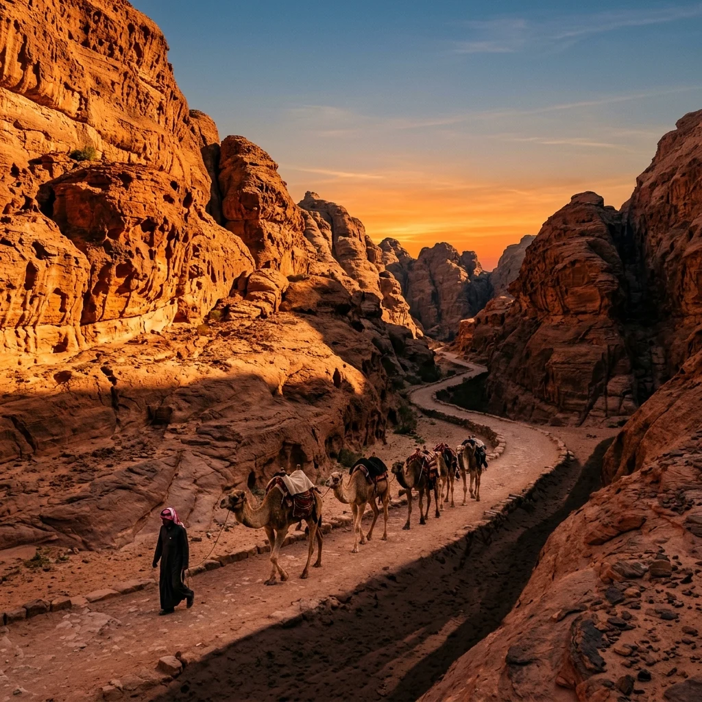 Camel caravan traveling through a desert canyon
