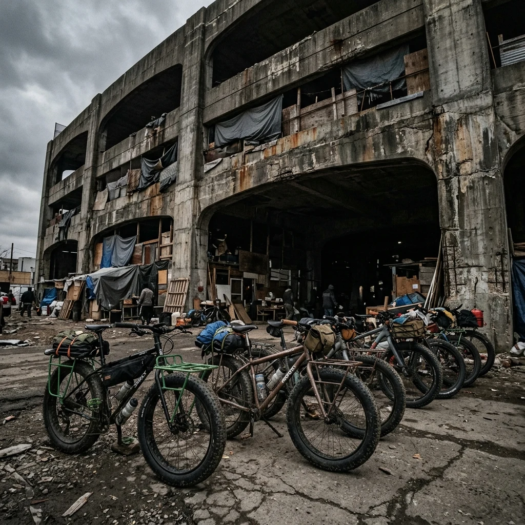 A fleet of mountain bikes with reinforced fat tires and welded rebar cargo racks parked…