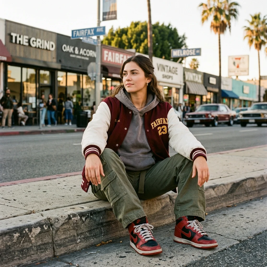 A woman layering a hoodie under a varsity jacket with cargo pants and Jordans