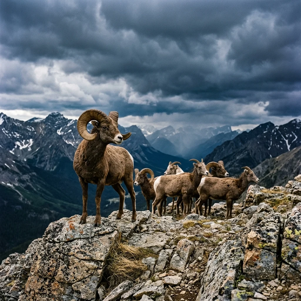Bighorn sheep on a rocky mountain ridge