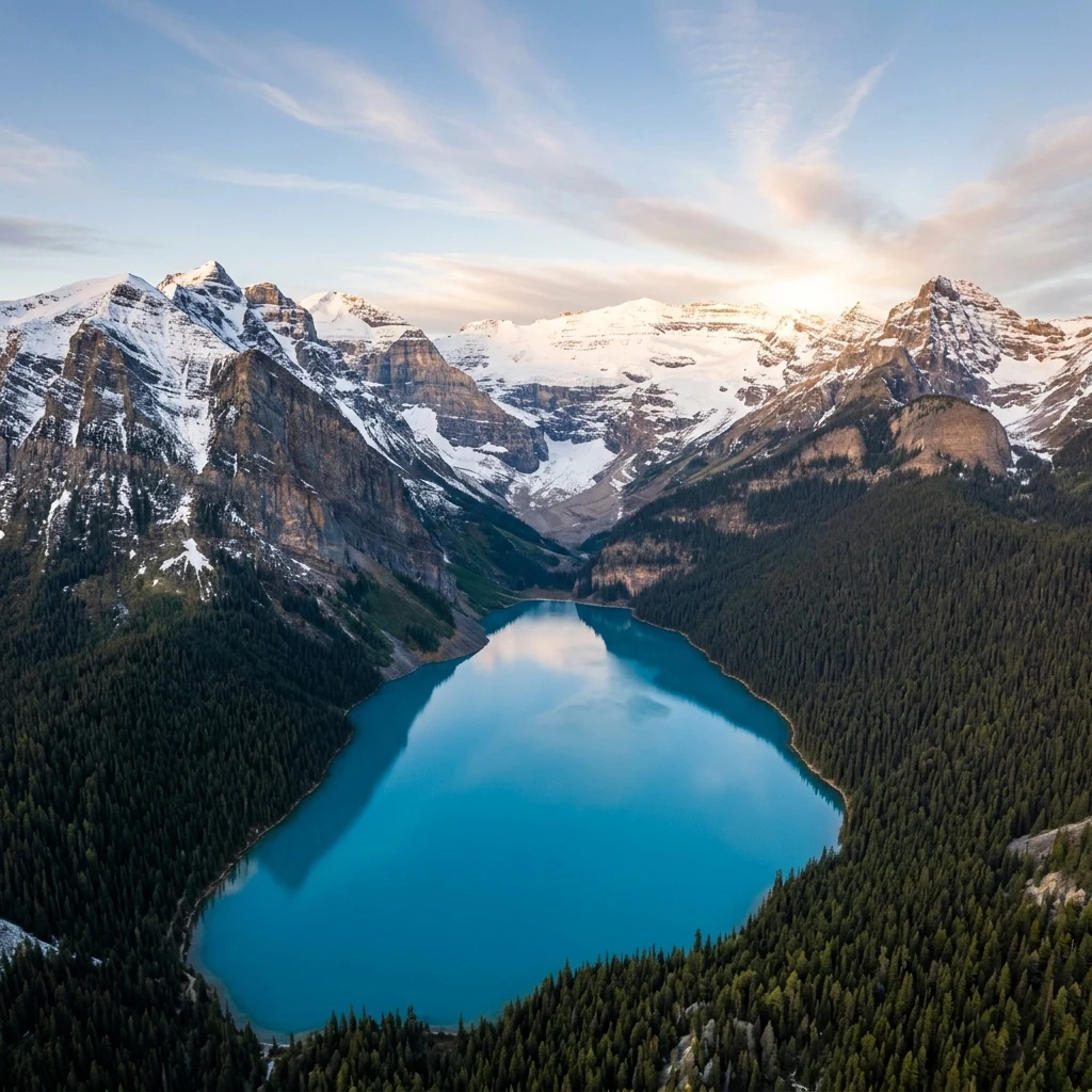 An aerial drone shot of the electric-blue waters of Lake Louise nestled beneath hanging…