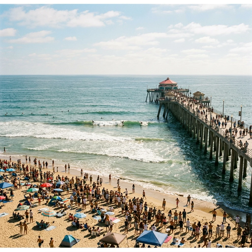 Crowded beach during a surfing competition