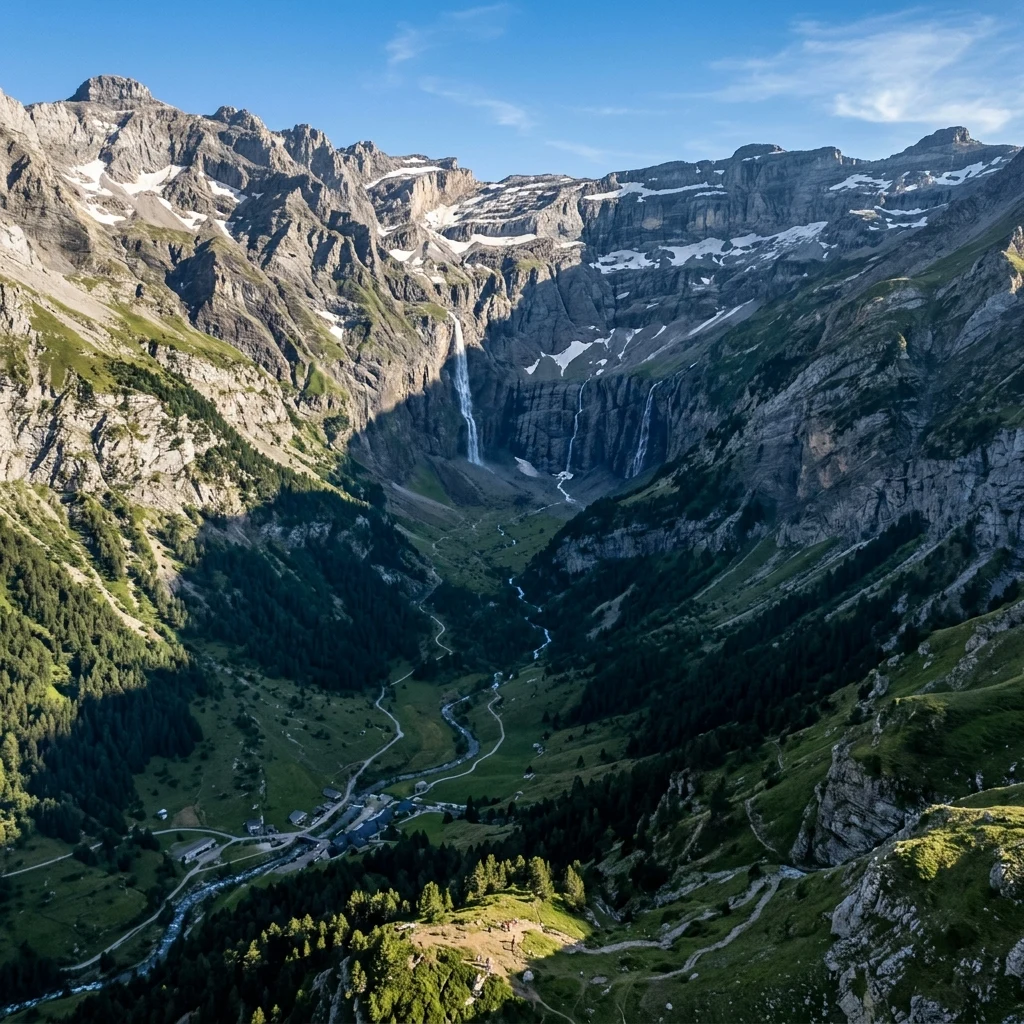 An aerial view of the dramatic Cirque de Gavarnie in the Pyrenees