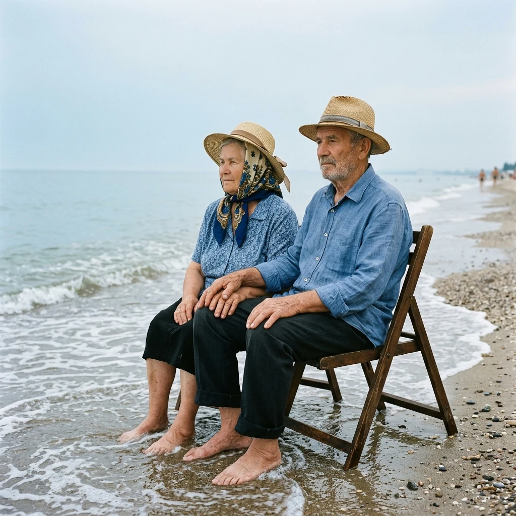An elderly Ukrainian couple sitting together in wooden folding chairs at the tideline in…