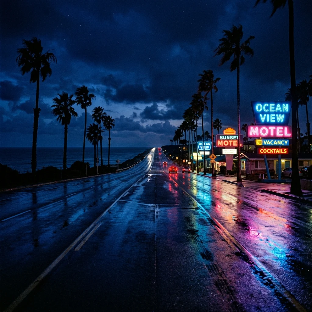 Neon lights reflecting on a wet coastal highway