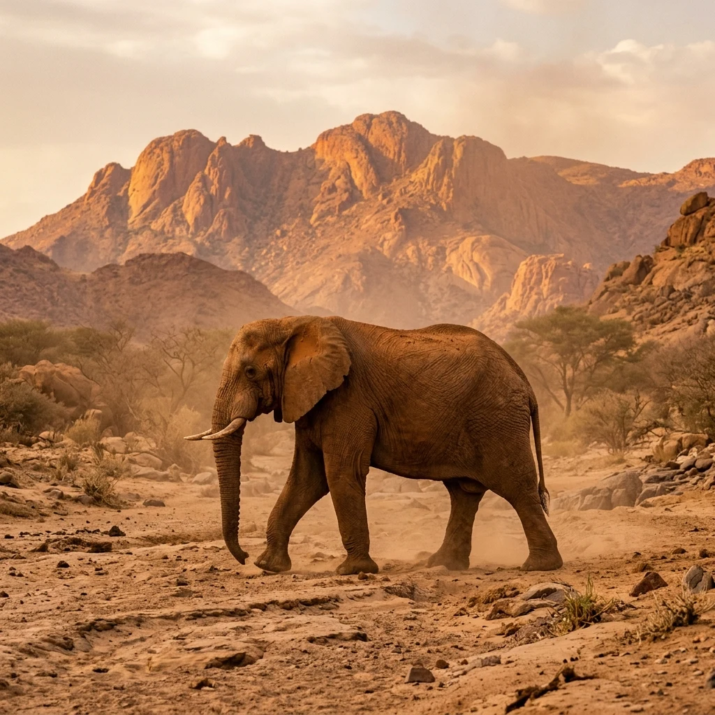 A desert-adapted elephant walking along a dry sandy riverbed at the base of the Brandberg…