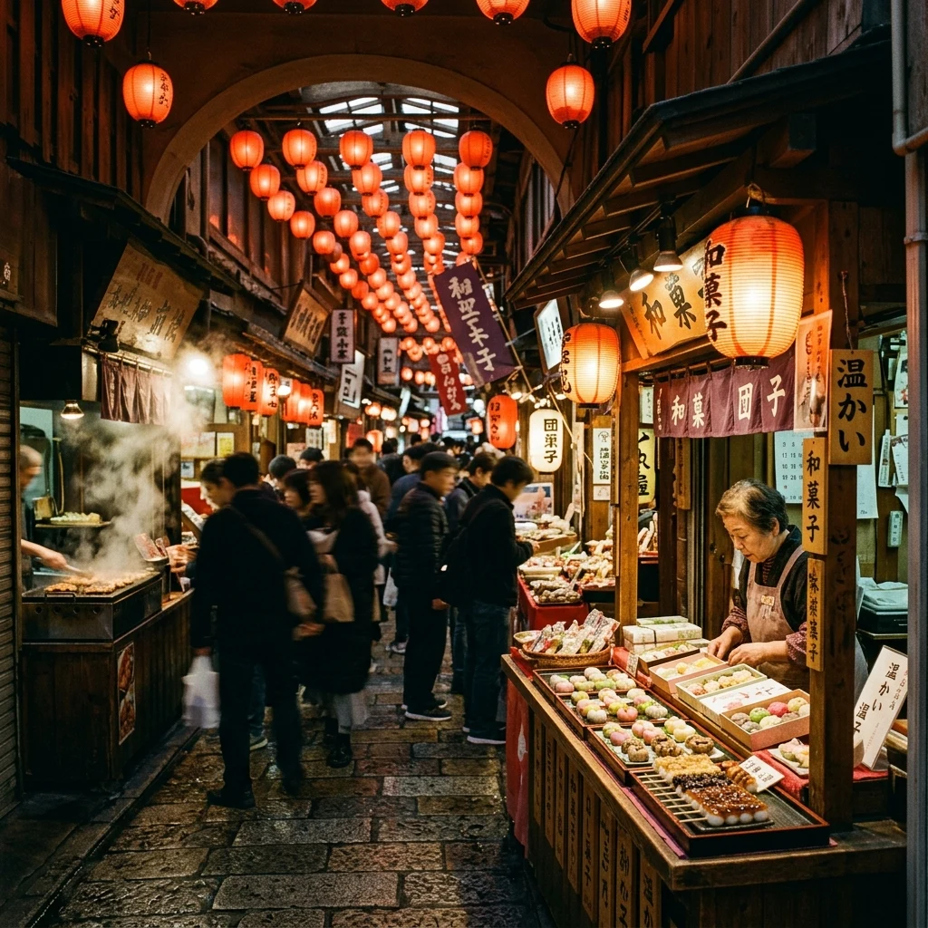 An atmospheric autumn market in Kyoto's Nishiki Market