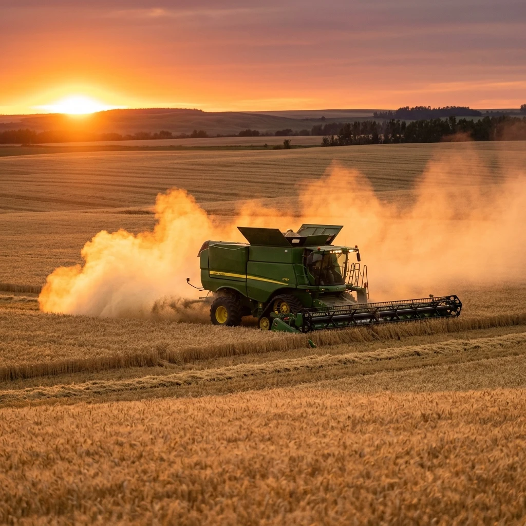 A combine harvester working a wheat field at dusk