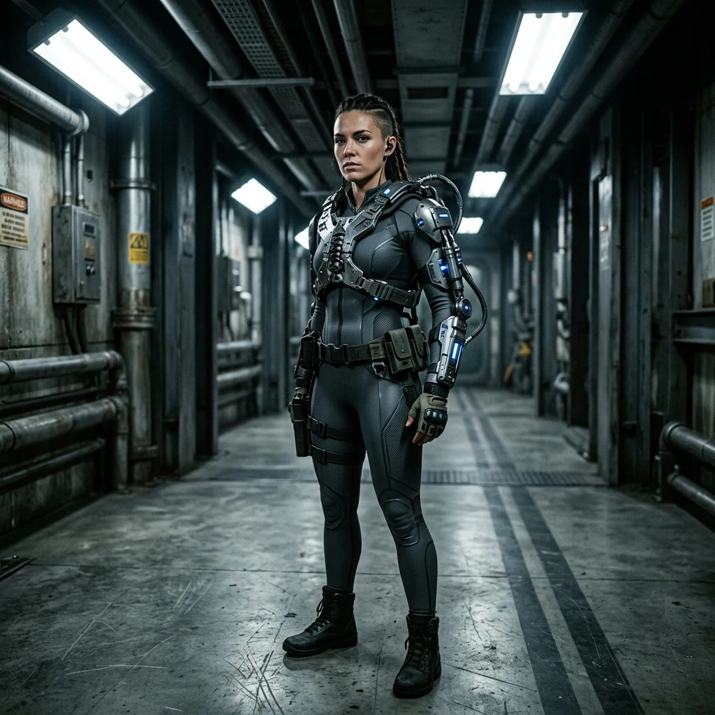 A cyborg operative wearing an articulated titanium spine harness over a high-tech grey…