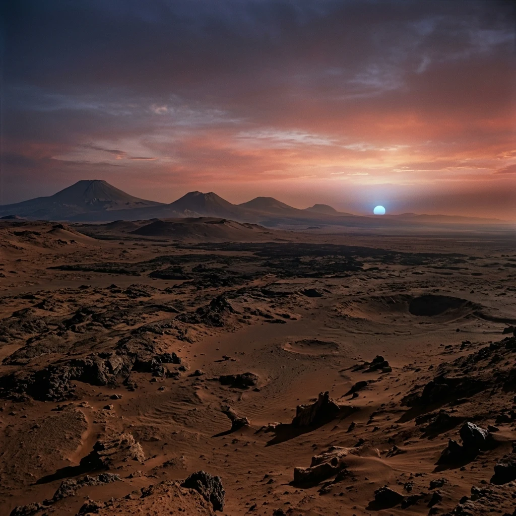 A dramatic sunset over the Tharsis Montes volcanic plateau
